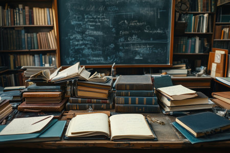 A cluttered study desk showcases an array of books and notebooks, accompanied by stationery items in a warm, library environment.の素材