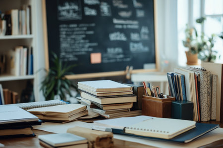 A workspace features stacks of books and notebooks alongside stationery on a desk with a blackboard and indoor plants in view.の素材