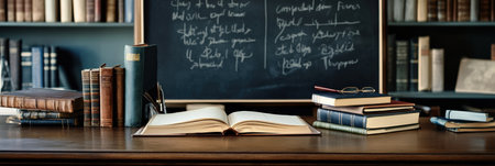 A desk showcases an array of books and notebooks, inviting creative ideas while providing ample copy space for thoughts and notes.の素材