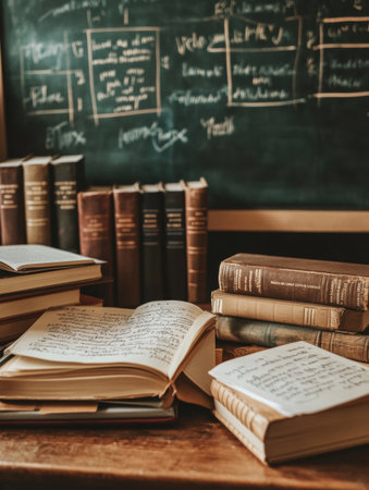 A desk cluttered with open books, notebooks, and stationery awaits study, highlighted by a chalkboard filled with notes and diagrams.の素材
