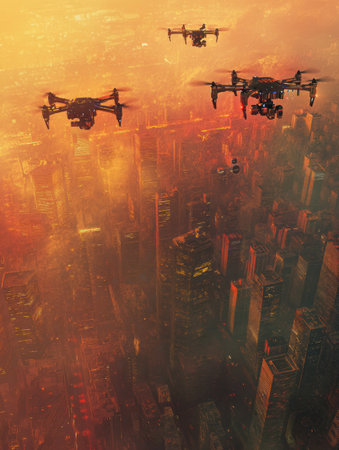 Drones navigate through a vibrant sunset sky, overseeing a bustling city and efficiently delivering packages to various locations.の素材
