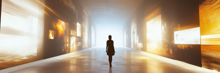 A visitor walks through a futuristic digital gallery showing vibrant virtual artworks and unique avatars, creating an immersive atmosphere.の素材