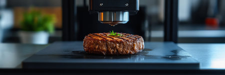 A 3D food printer meticulously crafting a plant-based steak within a contemporary kitchen, showing innovative culinary technology.の素材