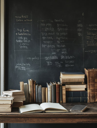 Books and notebooks are neatly arranged on a desk with a blackboard covered in notes in a cozy study space.の素材
