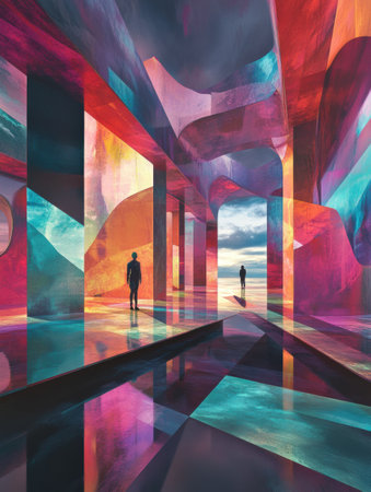 Visitors explore a vibrant digital gallery filled with immersive artworks and striking light reflections during a virtual experience.の素材