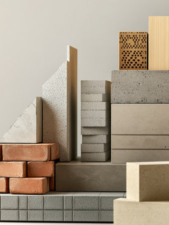 Different construction materials such as bricks, wood, and concrete blocks grouped together on a neutral backdrop for design inspiration.の素材