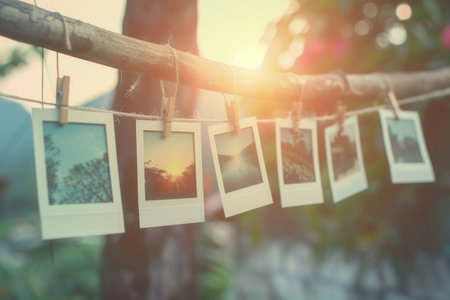 Polaroid pictures are clipped to a string, showcasing memories against a backdrop of soft sunlight and greenery, creating a warm atmosphere.の素材