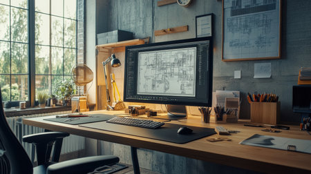A well organized engineering desk showcases a large monitor displaying complex blueprints, surrounded by tools and natural light.の素材