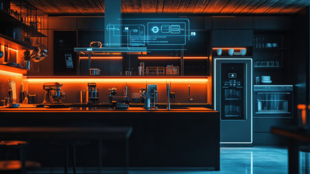 A modern kitchen showcases high-tech appliances and ambient lighting, creating a stylish atmosphere for cooking and entertaining.の素材