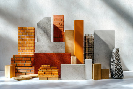 Artfully arranged construction materials like bricks, wood, and concrete blocks on a neutral backdrop, perfect for design projects.の素材