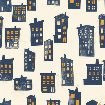 An abstract array of buildings with unique shapes and illuminated windows on a light background creates an artistic urban landscape.の素材