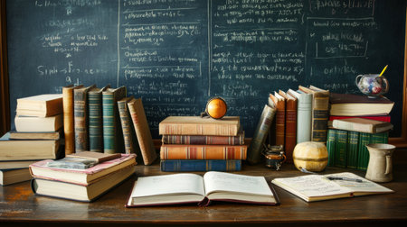 A well arranged desk showcases various books, notebooks, and stationery, perfect for studying or working on projects in a scholarly environment.の素材