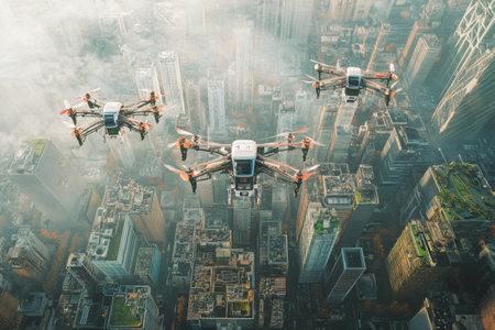 Three automated drones navigate the evening sky above a vibrant city, enhancing logistics and monitoring as they deliver essential goods.の素材