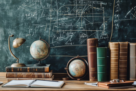 A vintage desk displays various books, globes, and stationery alongside a chalkboard filled with intricate mathematical equations in a quiet study.の素材