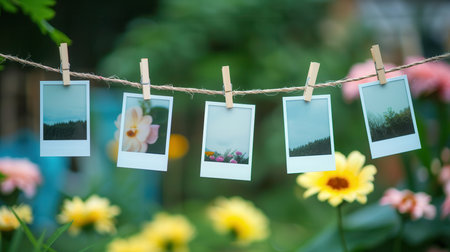 Pictures are displayed on a line with clothespins, surrounded by colorful flowers in a lively garden during daylight, creating a cheerful atmosphere.の素材