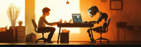 Human and robot are focused on a project at a desk in a brightly lit workspace. Warm colors create an inspiring atmosphere.の素材
