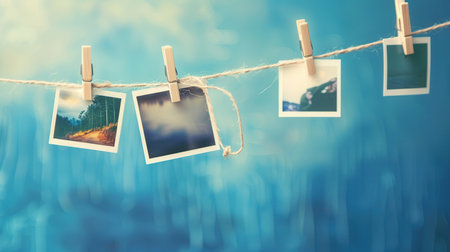 Colorful polaroid snapshots are hung on a string with clothespins, creating a charming display in a serene setting with a soft blue backdrop.の素材