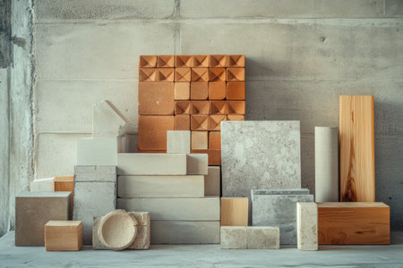 A collection of construction materials including different types of bricks, wood, and concrete arranged artistically in a workshop.の素材