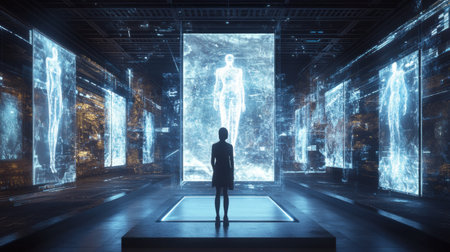 Visitors immerse themselves in a digital gallery filled with interactive virtual artworks and lifelike avatars, creating an engaging atmosphere.の素材