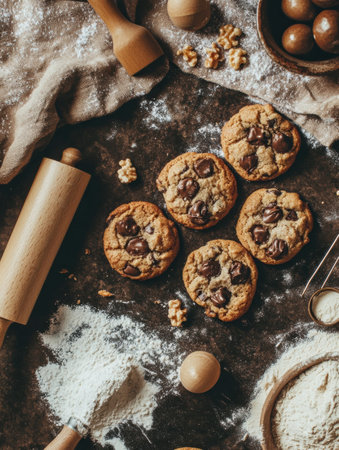 Freshly baked cookies rest on a countertop, surrounded by flour, nuts, and baking tools, creating a warm and inviting kitchen setting.の素材