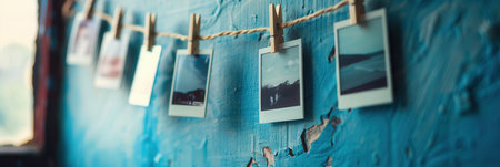 Snapshots pinned on a string create a charming display on a vibrant blue wall. Perfect for showing cherished memories and creativity.の素材