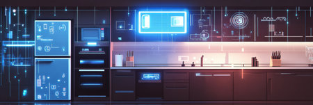 This contemporary kitchen showcases advanced smart appliances designed for seamless cooking and enhanced functionality.の素材