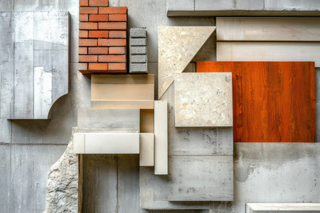 Various construction materials like bricks, wood panels, and concrete blocks arranged artistically against a neutral background.の素材