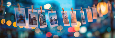 Colorful Polaroid photos are displayed on a string with clothespins, creating a nostalgic atmosphere against a lively evening backdrop.の素材