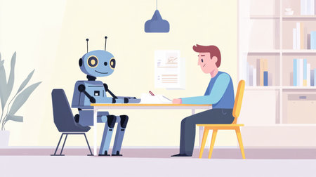 Human and robot engage in a project collaboration at a sleek desk, showcasing teamwork in a modern workplace setting filled with light.の素材