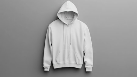 A clean white hoodie is displayed against a simple gray background, providing an ideal space for text and design customization.の素材
