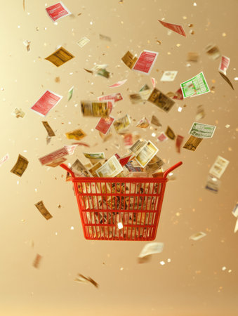 Coupons and currency are cascading into a red shopping basket set against a shimmering gold backdrop, creating a sense of excitement.の素材