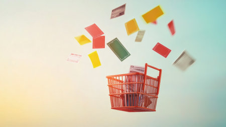 A shopping basket overflows with vibrant cards that appear to float in mid air, creating a festive atmosphere reminiscent of a bustling market.の素材