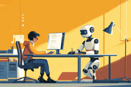 A person and a robot work together at a desk, focusing on a computer screen in a vibrant workspace filled with creativity.の素材