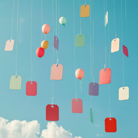 Brightly colored tags and balloons hang from above, creating a whimsical display against a clear blue sky with fluffy clouds.の素材