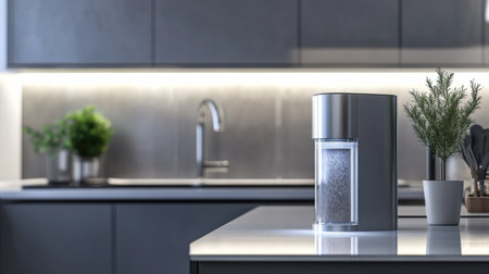 In a contemporary kitchen, a sleek water filter sits on the counter surrounded by minimalist decorations and soft ambient lightingの素材