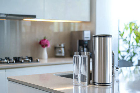 A contemporary kitchen features a polished countertop with a water filter and two glass containers, complemented by fresh flowers in a vase.の素材