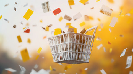 A shopping basket overflows with various colorful cards, surrounded by a flurry of falling cards in a warm, sunny atmosphere.の素材