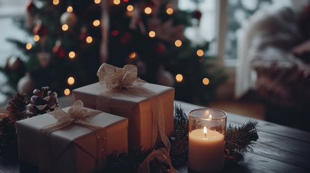 Two decorative gift boxes tied with ribbons and a lit candle create a warm atmosphere next to a Christmas tree decorated with lights.の素材