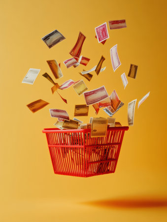 A vibrant red shopping basket hovers above a bright yellow backdrop, filled with colorful banknotes in mid air, suggesting shopping excitement.の素材