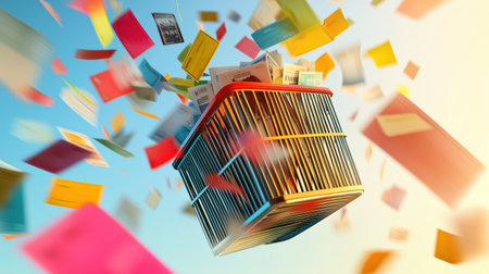 A shopping basket is filled with an array of colorful papers and documents flying into the air, creating a lively display in the sun.の素材