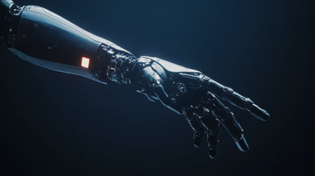 A robotic prosthetic arm is showcased in action against a dark background, illustrating its sophisticated design and movement.の素材