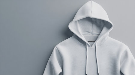 A clean and modern hoodie mockup hangs against a plain gray wall, providing ample space for text and design customization in a simple setting.の素材