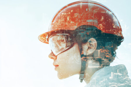 Person wears a safety helmet and goggles set against an abstract city skyline, embodying construction and engineering spirit of urban environments.の素材
