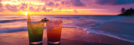 Colorful cocktails rest on a beachside table as waves gently lap at the shore, creating a serene atmosphere during sunset.の素材