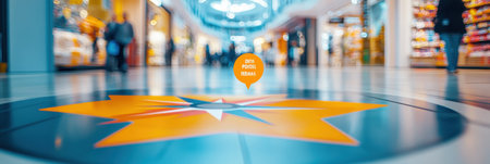 A colorful compass design highlights the best deals within a bustling store mall with shoppers moving around during busy hours.の素材