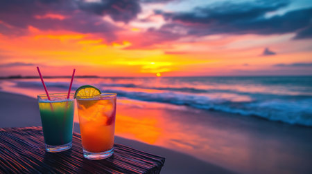 Sipping vibrant cocktails on a tropical beach as the sun sets, casting beautiful colors across the sky and ocean waves.の素材