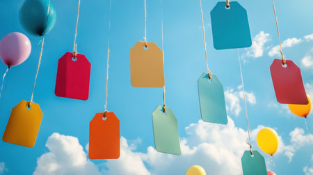 Brightly colored paper tags dangle from strings in the air, surrounded by colorful balloons and a vivid blue sky filled with clouds.の素材