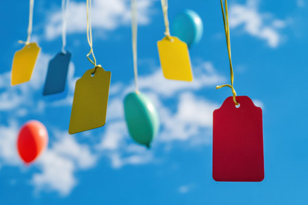 Brightly colored tags and balloons hang from strings above a clear blue sky with white clouds, creating a cheerful atmosphere.の素材