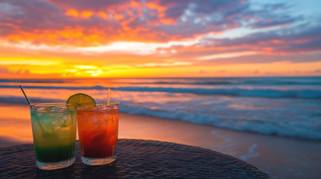 Colorful cocktails rest on a table as the sun sets over a tranquil tropical beach, painting the sky in vibrant hues and reflecting on the water.の素材