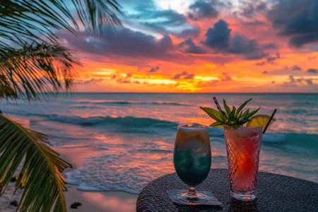 Colorful cocktails rest on a table as the sun sets over the tranquil tropical beach, casting beautiful hues across the sky.の素材